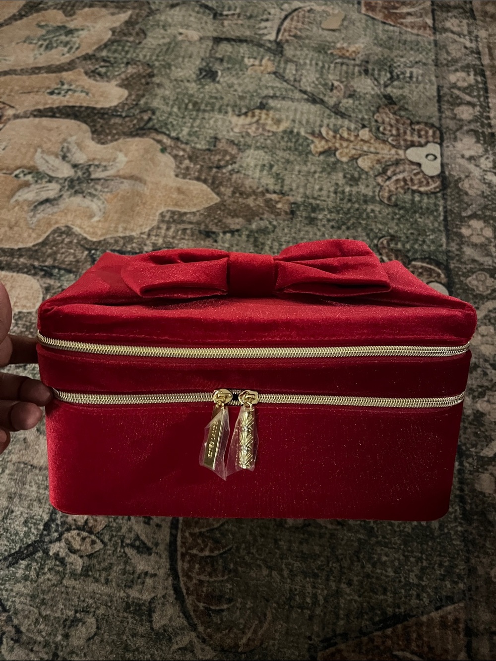 Estée Lauder Red Velvet Bow Cosmetic Train Case with Gold Zippers